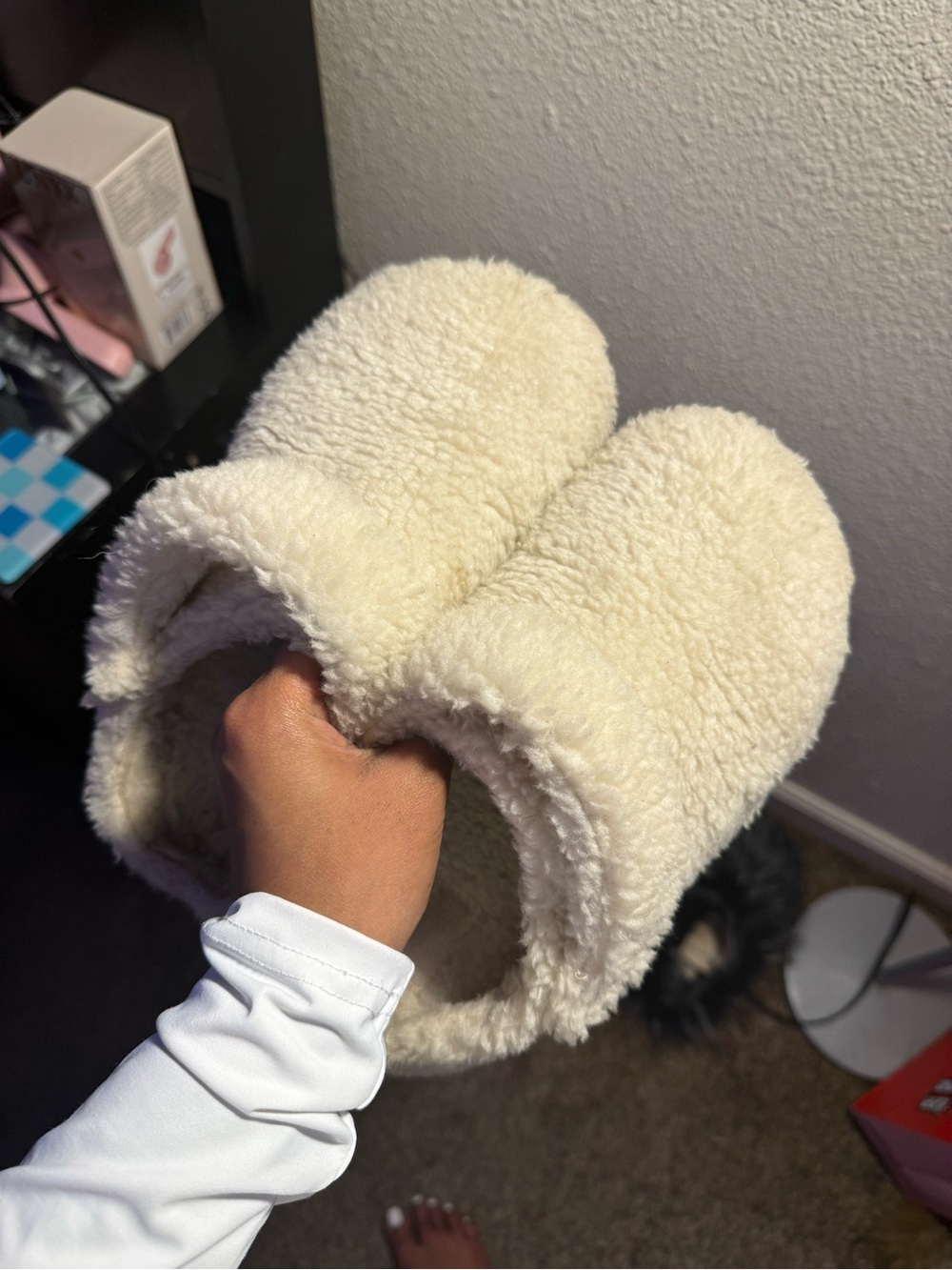 CROCS Plush Shearling-Look Slide Slippers in Cream